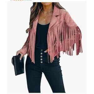 Women's Chic Cropped Tassel Fringe Faux Suede Moto Jacket - Chartou Pink XXL